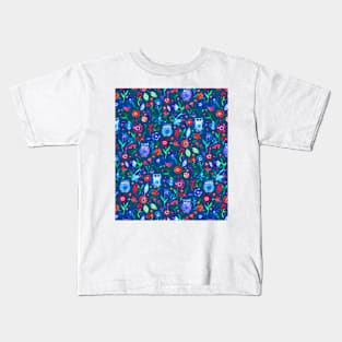 Little Owls and Flowers on deep teal blue Kids T-Shirt